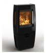 Compact design wood stove with a box and glass on 3 sides.