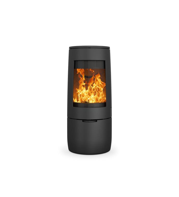 Designer wood stove on box and with curved glass.