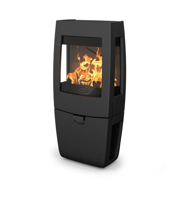 Designer-Holzofen auf Kasten und Glas auf 3 Seiten.