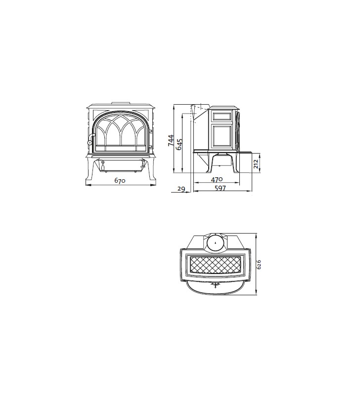 Jotul F400 SE ECO measurement plan (without arches)
