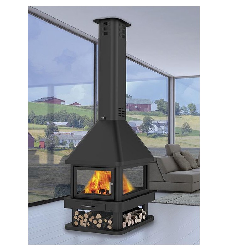 Chimenea central a cuatro caras en cristal vitrocerámico y dos puertas