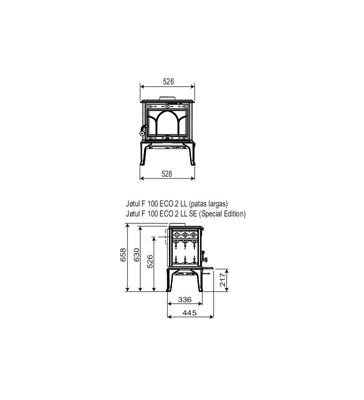 Plano de medidas Jotul F100 ECO SE