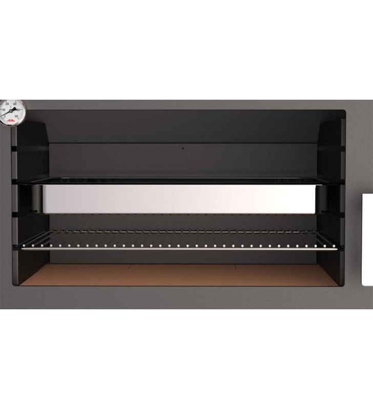 Bandeja inoxidable de 595x377mm - parrilla de asados de 597x372mm y guías desmontables para facilitar su limpieza.