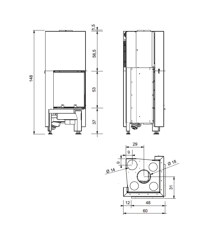 Plano de medidas Edilkamin Windo2 50 Con turbina