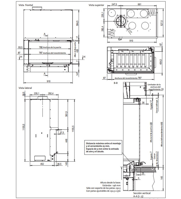 Plano de medidas Jotul Atraflam 16/9 800 VL Esquina