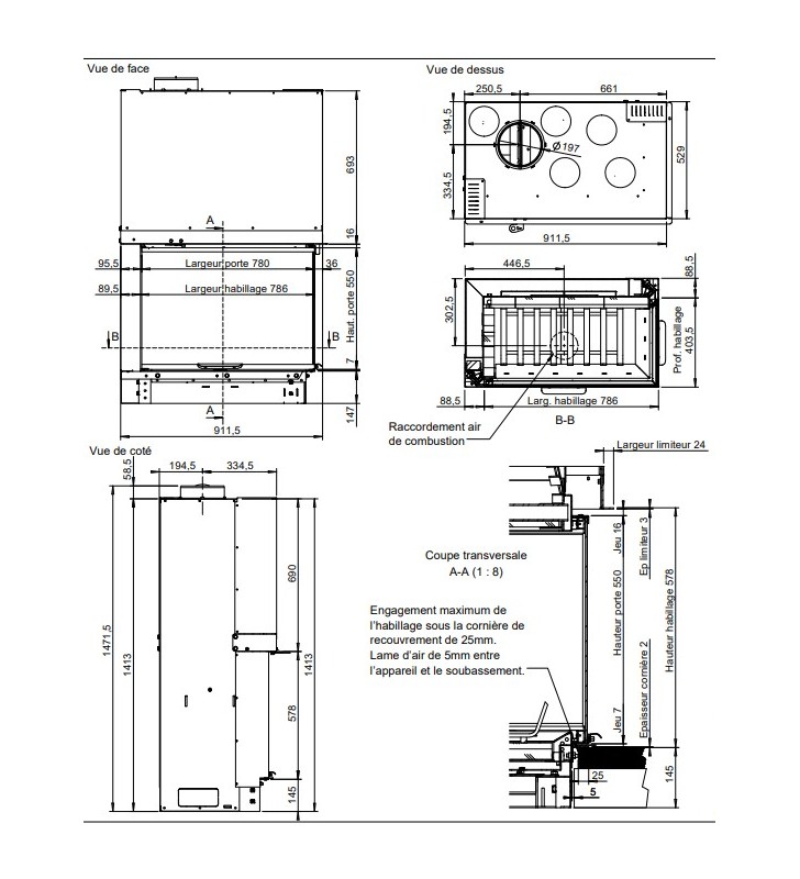 Plano de medidas Jotul Atraflam 800 Vision Esquina