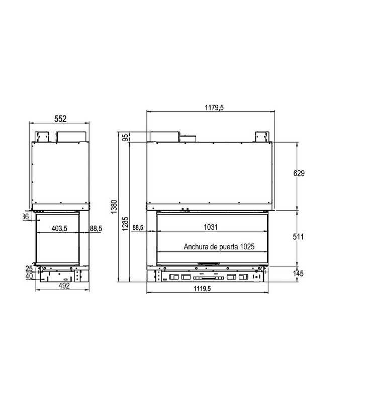 Plano de medidas Jotul Atraflam 16/9 1000 VL Lateral