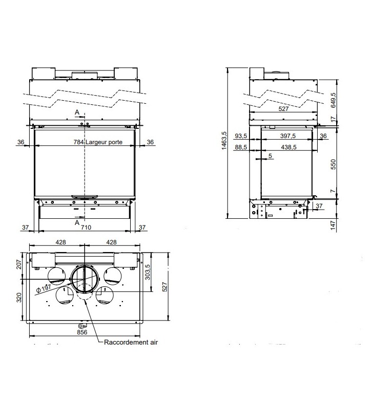 Plano de medidas Jotul Atraflam 800 Vision 3 cristales