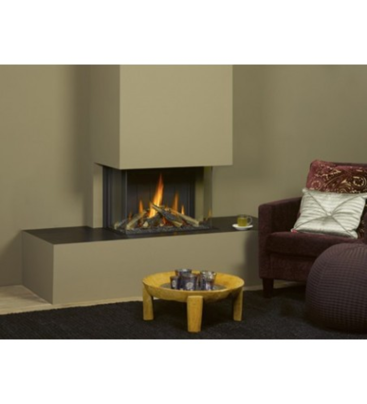 TRIMLINE 63 DB PANORAMA Standard mit Holzscheiten (Glas an 3 Seiten) Thermocet-Gaskamin